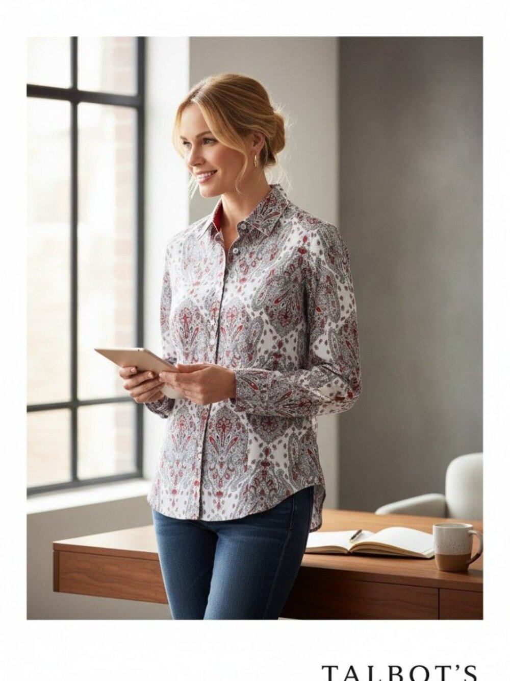 Talbots Red & White Paisley Button-Down Collared Shirt Preppy Classic Americana